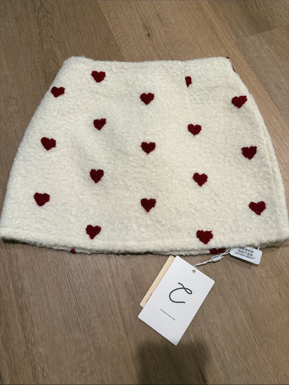 Cozy Cream Heart-Print Mini Skirt